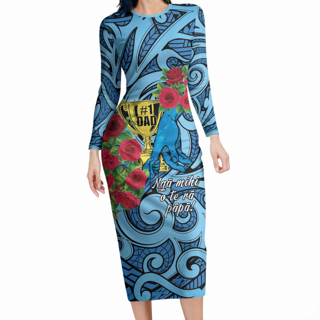 Personalised New Zealand Father's Day Long Sleeve Bodycon Dress Best Dad Trophy Red Rose Maori Pattern LT22 Long Dress Blue - Polynesian Pride