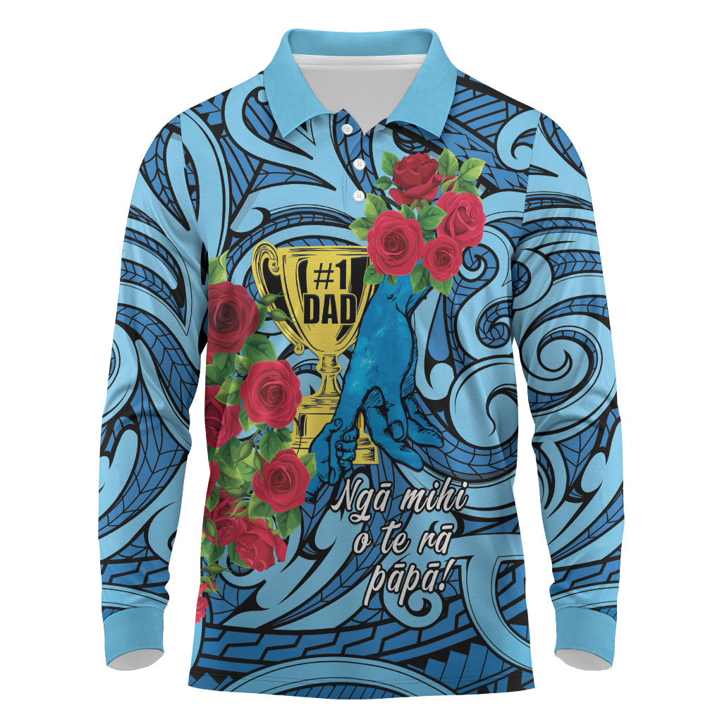 Personalised New Zealand Father's Day Long Sleeve Polo Shirt Best Dad Trophy Red Rose Maori Pattern LT22 Blue - Polynesian Pride