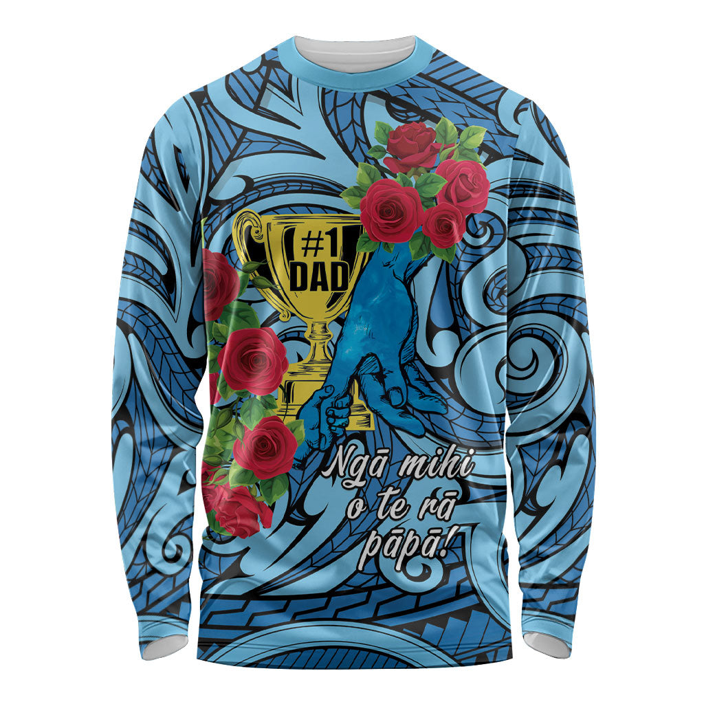 Personalised New Zealand Father's Day Long Sleeve Shirt Best Dad Trophy Red Rose Maori Pattern LT22 Unisex Blue - Polynesian Pride