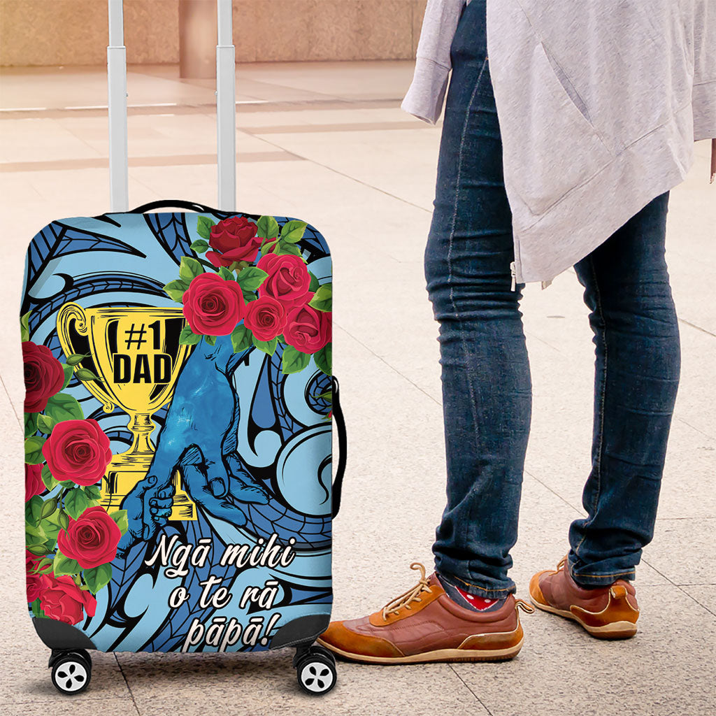 New Zealand Father's Day Luggage Cover Best Dad Trophy Red Rose Maori Pattern LT22 Blue - Polynesian Pride
