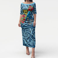 Personalised New Zealand Father's Day Puletasi Best Dad Trophy Red Rose Maori Pattern LT22 Long Dress Blue - Polynesian Pride
