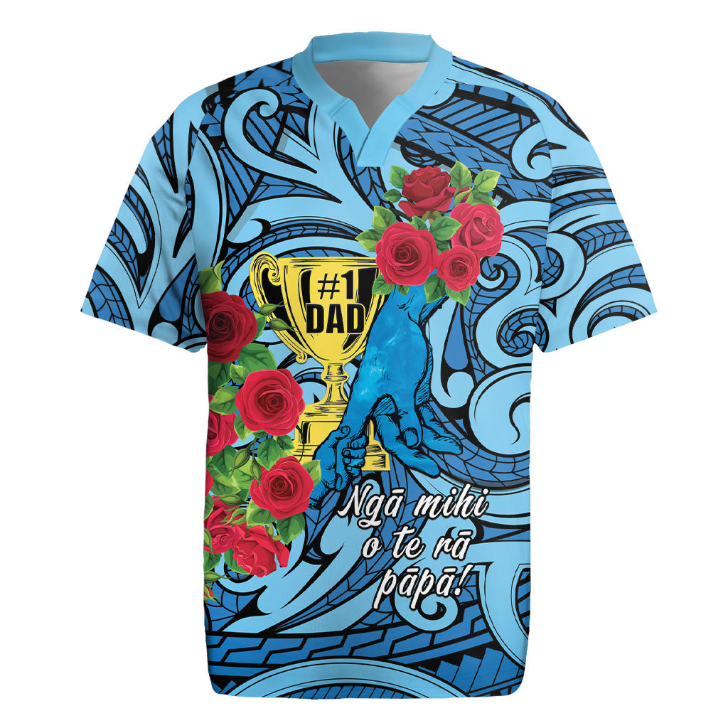 Personalised New Zealand Father's Day Rugby Jersey Best Dad Trophy Red Rose Maori Pattern LT22 Blue - Polynesian Pride