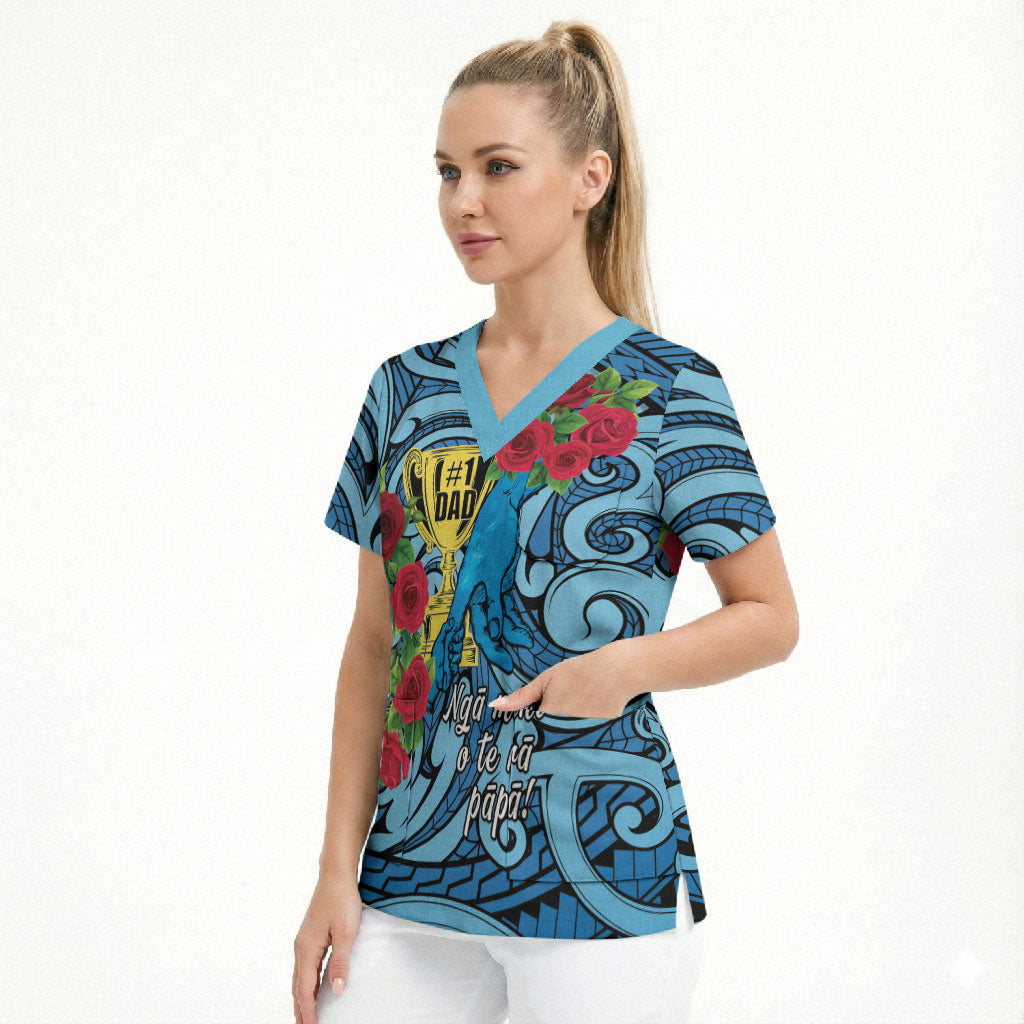 Personalised New Zealand Father's Day Scrub Top Best Dad Trophy Red Rose Maori Pattern LT22 - Polynesian Pride