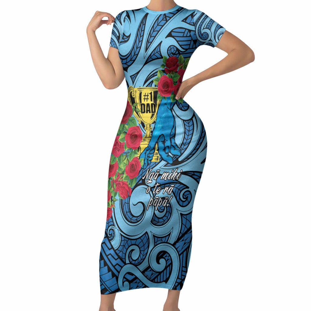 Personalised New Zealand Father's Day Short Sleeve Bodycon Dress Best Dad Trophy Red Rose Maori Pattern LT22 Long Dress Blue - Polynesian Pride