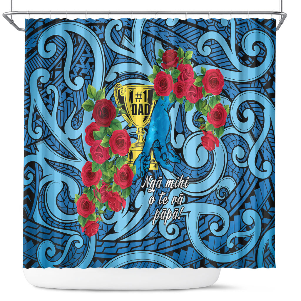 New Zealand Father's Day Shower Curtain Best Dad Trophy Red Rose Maori Pattern LT22 Blue - Polynesian Pride