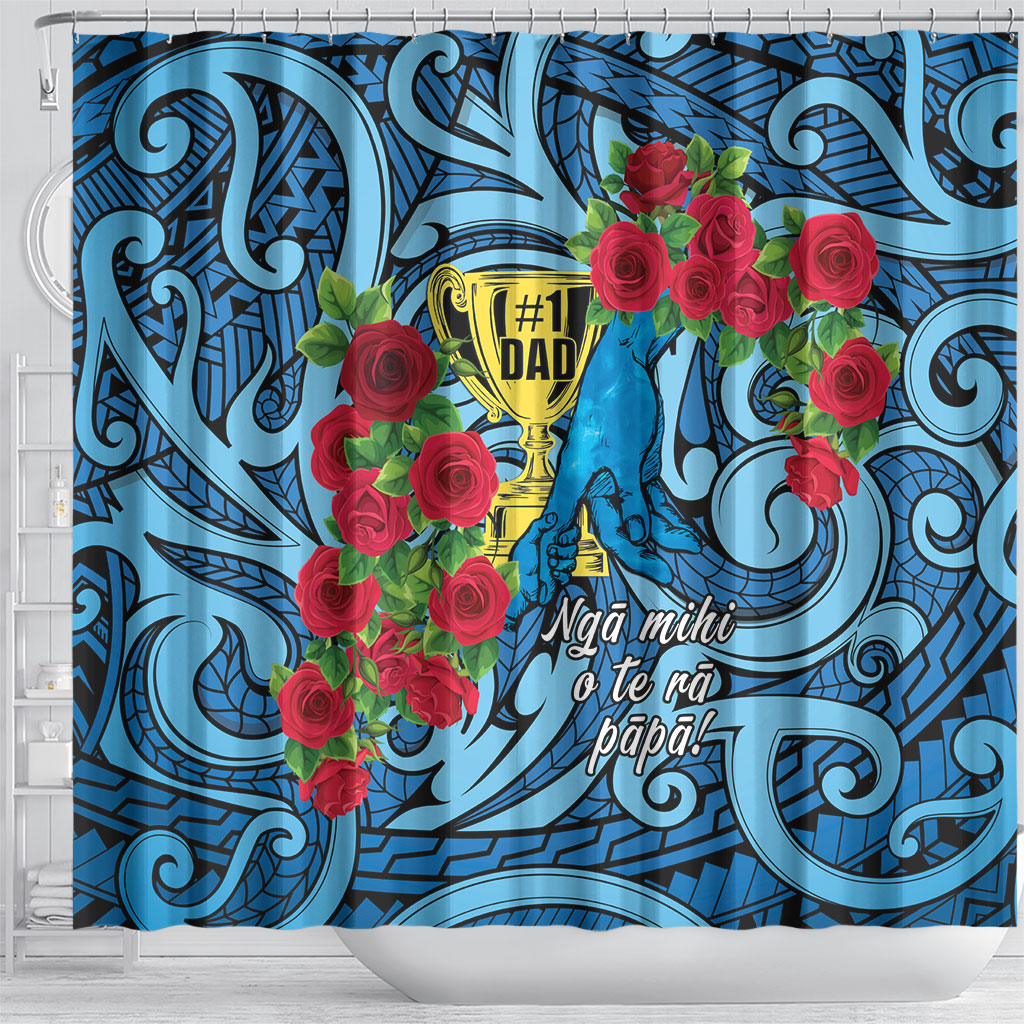 New Zealand Father's Day Shower Curtain Best Dad Trophy Red Rose Maori Pattern LT22 - Polynesian Pride