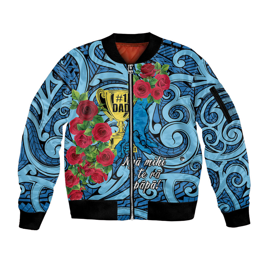 Personalised New Zealand Father's Day Sleeve Zip Bomber Jacket Best Dad Trophy Red Rose Maori Pattern LT22 Unisex Blue - Polynesian Pride
