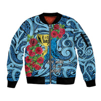 Personalised New Zealand Father's Day Sleeve Zip Bomber Jacket Best Dad Trophy Red Rose Maori Pattern LT22 Unisex Blue - Polynesian Pride