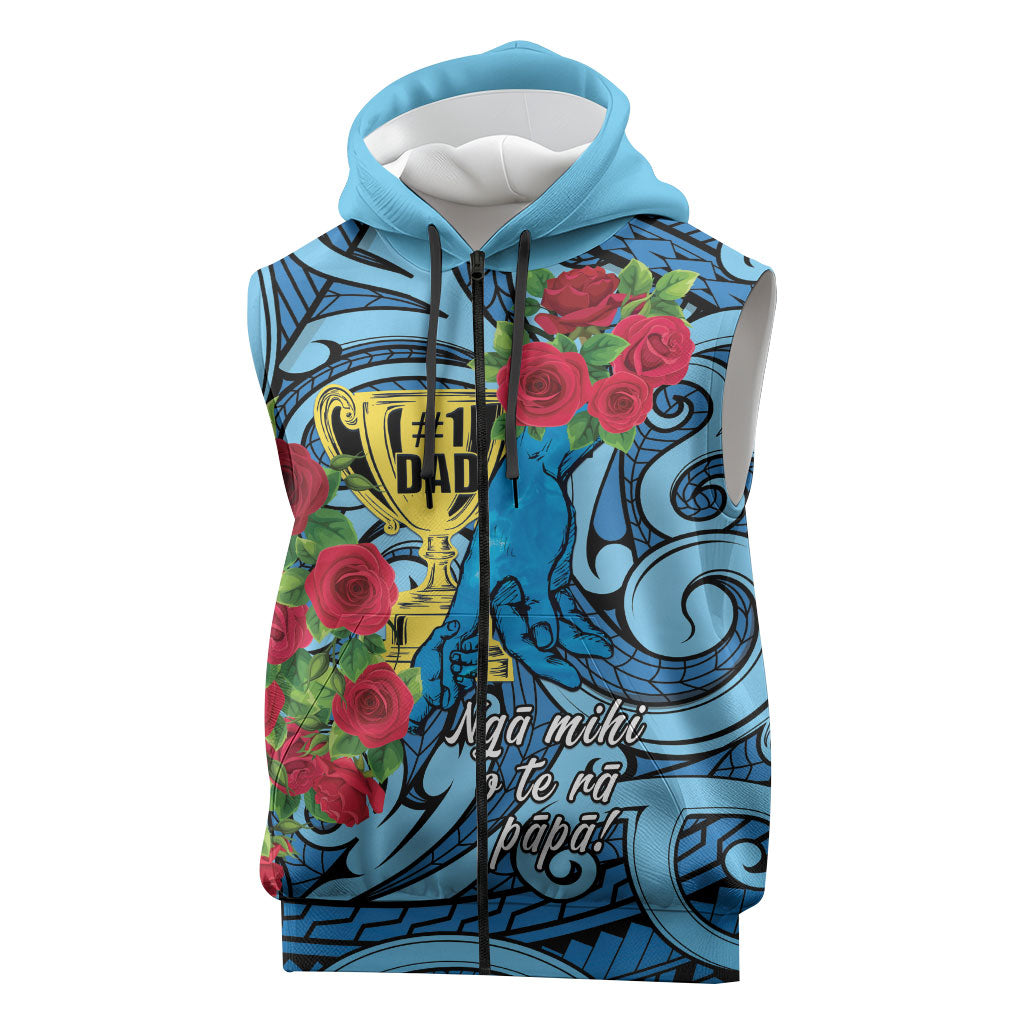 Personalised New Zealand Father's Day Sleeveless Zip Hoodie Best Dad Trophy Red Rose Maori Pattern LT22 Blue - Polynesian Pride