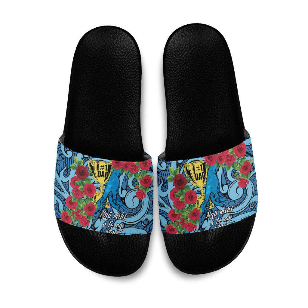 New Zealand Father's Day Slide Sandals Best Dad Trophy Red Rose Maori Pattern LT22 Blue - Polynesian Pride