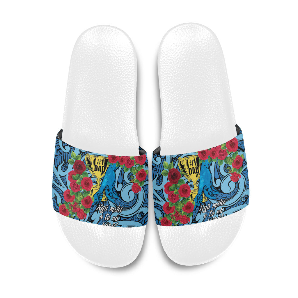 New Zealand Father's Day Slide Sandals Best Dad Trophy Red Rose Maori Pattern LT22 Blue - Polynesian Pride