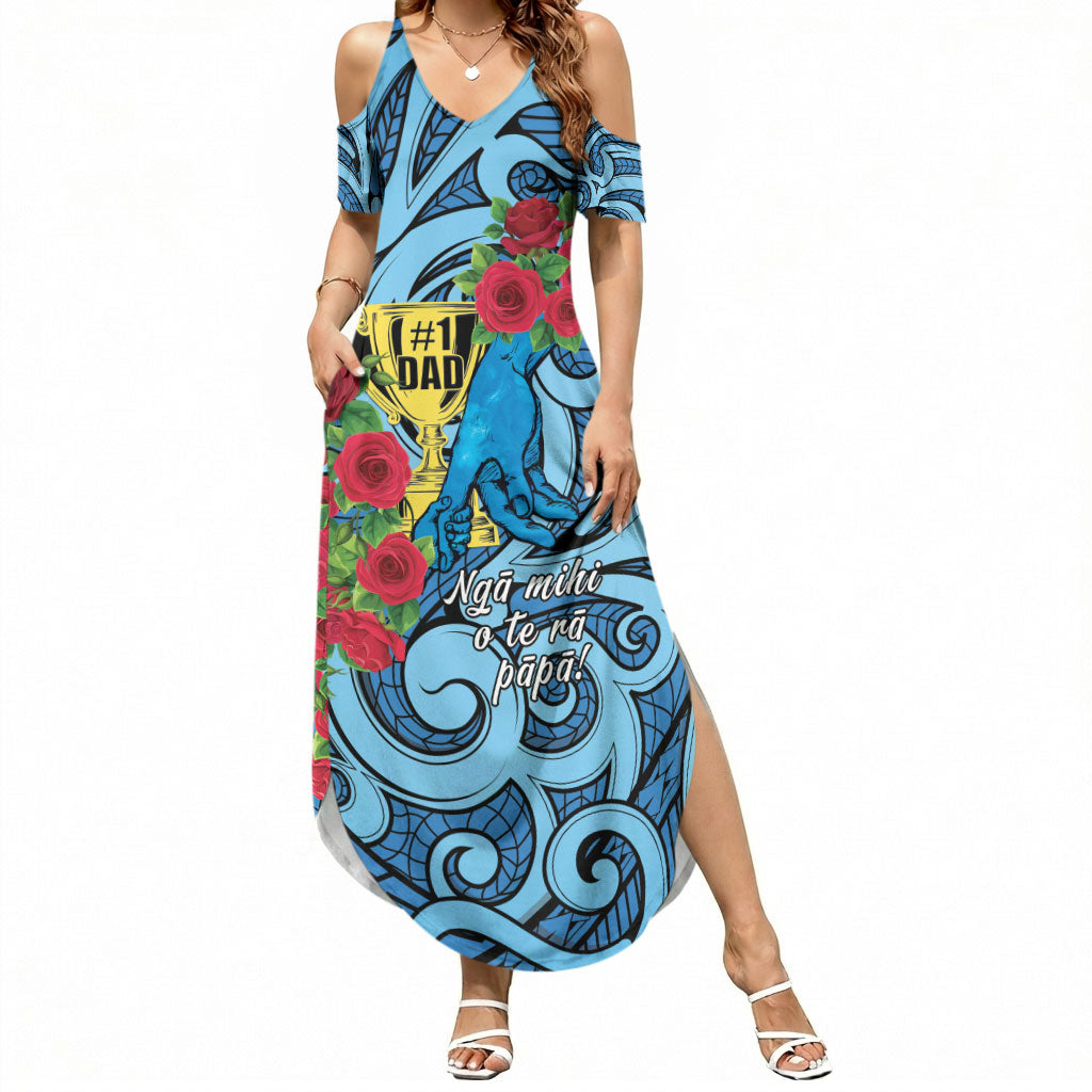 Personalised New Zealand Father's Day Summer Maxi Dress Best Dad Trophy Red Rose Maori Pattern LT22 Women Blue - Polynesian Pride