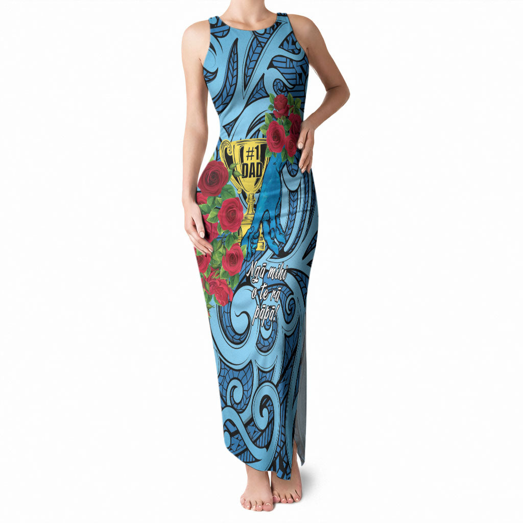 Personalised New Zealand Father's Day Tank Maxi Dress Best Dad Trophy Red Rose Maori Pattern LT22 Women Blue - Polynesian Pride