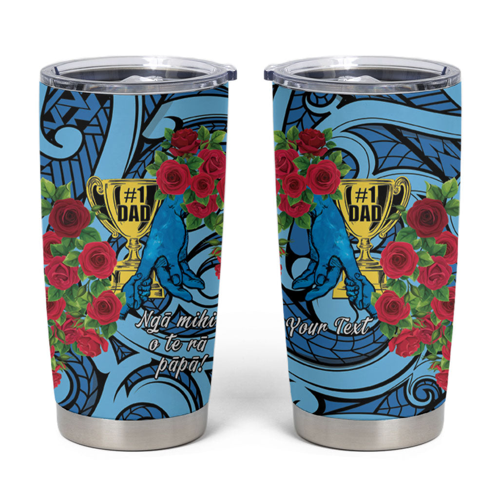Personalised New Zealand Father's Day Tumbler Cup Best Dad Trophy Red Rose Maori Pattern LT22 Blue - Polynesian Pride