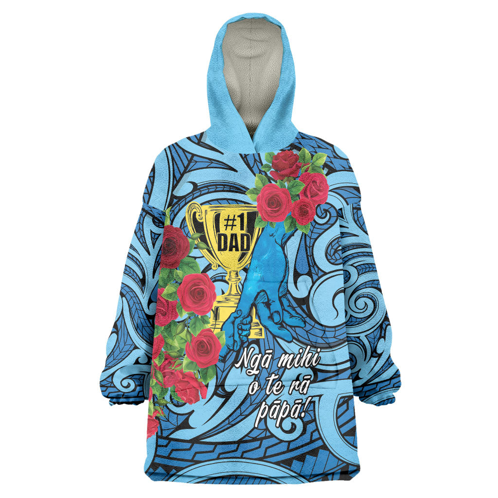 Personalised New Zealand Father's Day Wearable Blanket Hoodie Best Dad Trophy Red Rose Maori Pattern LT22 One Size Blue - Polynesian Pride