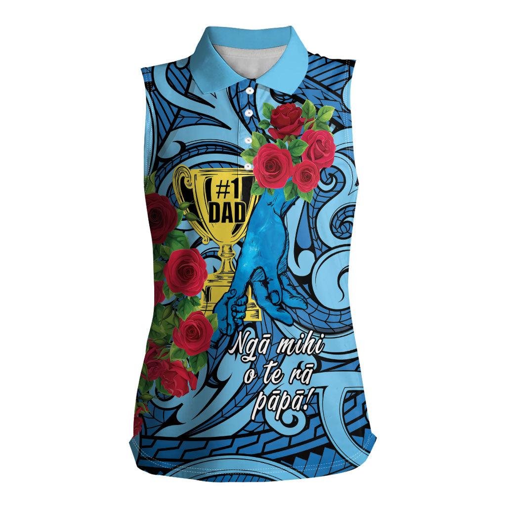 Personalised New Zealand Father's Day Women Sleeveless Polo Shirt Best Dad Trophy Red Rose Maori Pattern LT22 Female Blue - Polynesian Pride