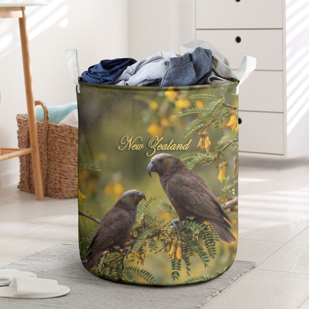 New Zealand Kaka Bird Laundry Basket Kowhai Flower Landscape Style