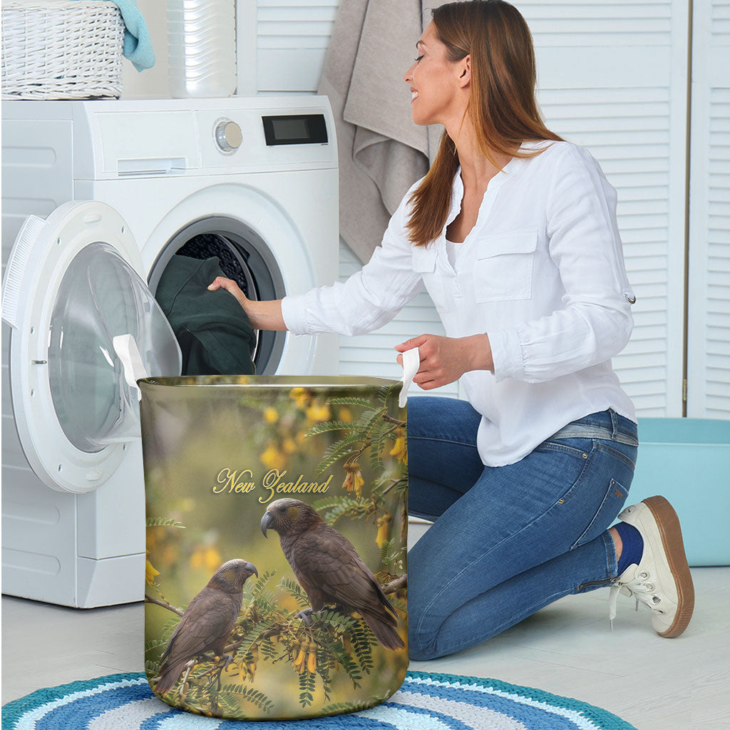 New Zealand Kaka Bird Laundry Basket Kowhai Flower Landscape Style