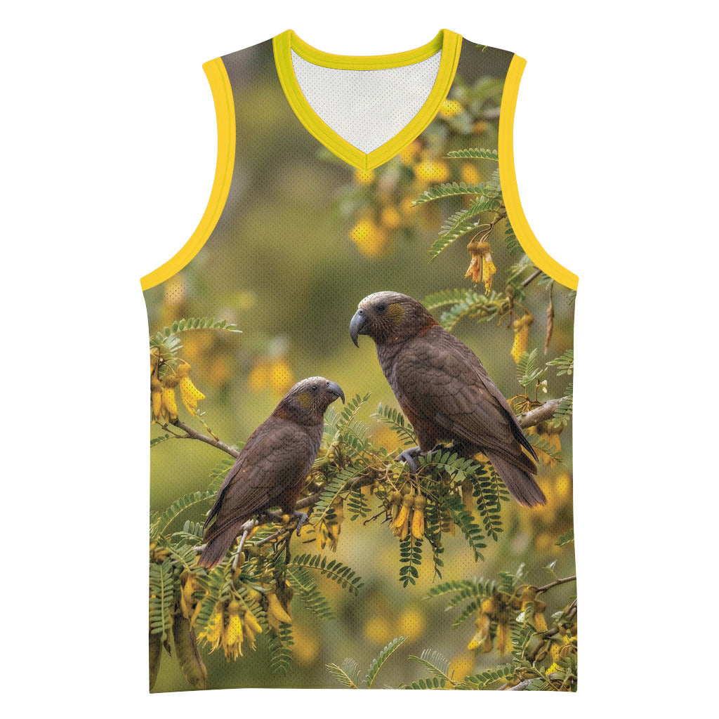 New Zealand Kaka Bird Basketball Jersey Kowhai Flower Landscape Style
