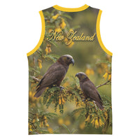 New Zealand Kaka Bird Basketball Jersey Kowhai Flower Landscape Style