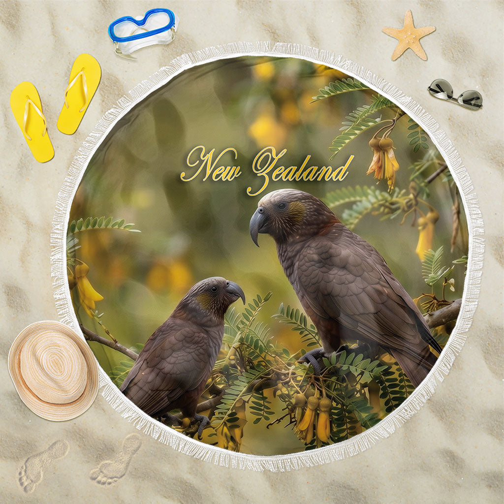 New Zealand Kaka Bird Beach Blanket Kowhai Flower Landscape Style