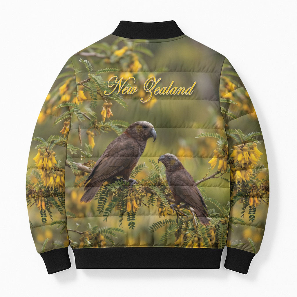 New Zealand Kaka Bird Bomber Puffer Jacket Kowhai Flower Landscape Style