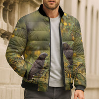 New Zealand Kaka Bird Bomber Puffer Jacket Kowhai Flower Landscape Style