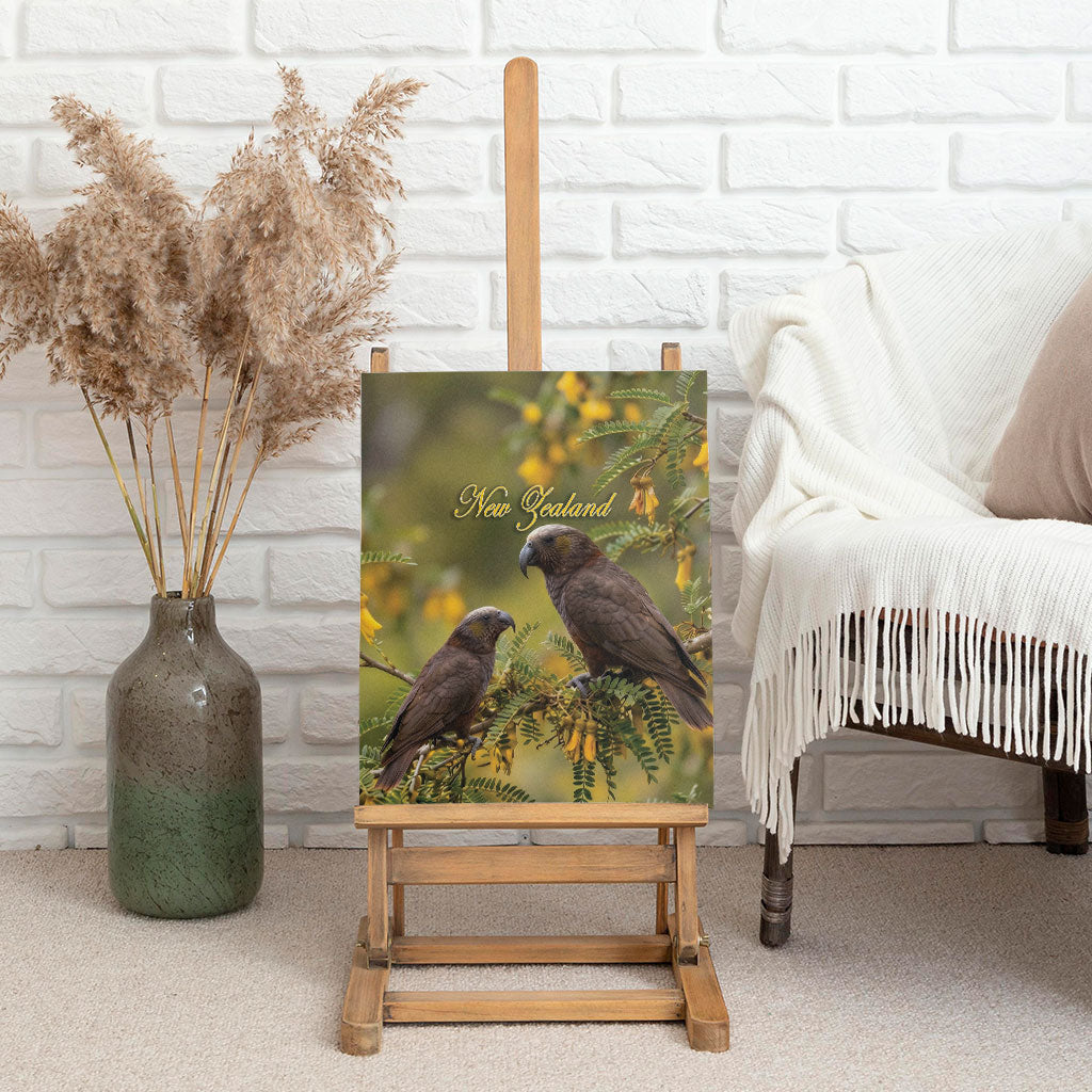 New Zealand Kaka Bird Canvas Wall Art Kowhai Flower Landscape Style