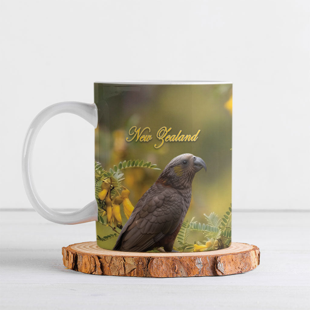 New Zealand Kaka Bird Ceramic Mug Kowhai Flower Landscape Style LT22 Green - Polynesian Pride