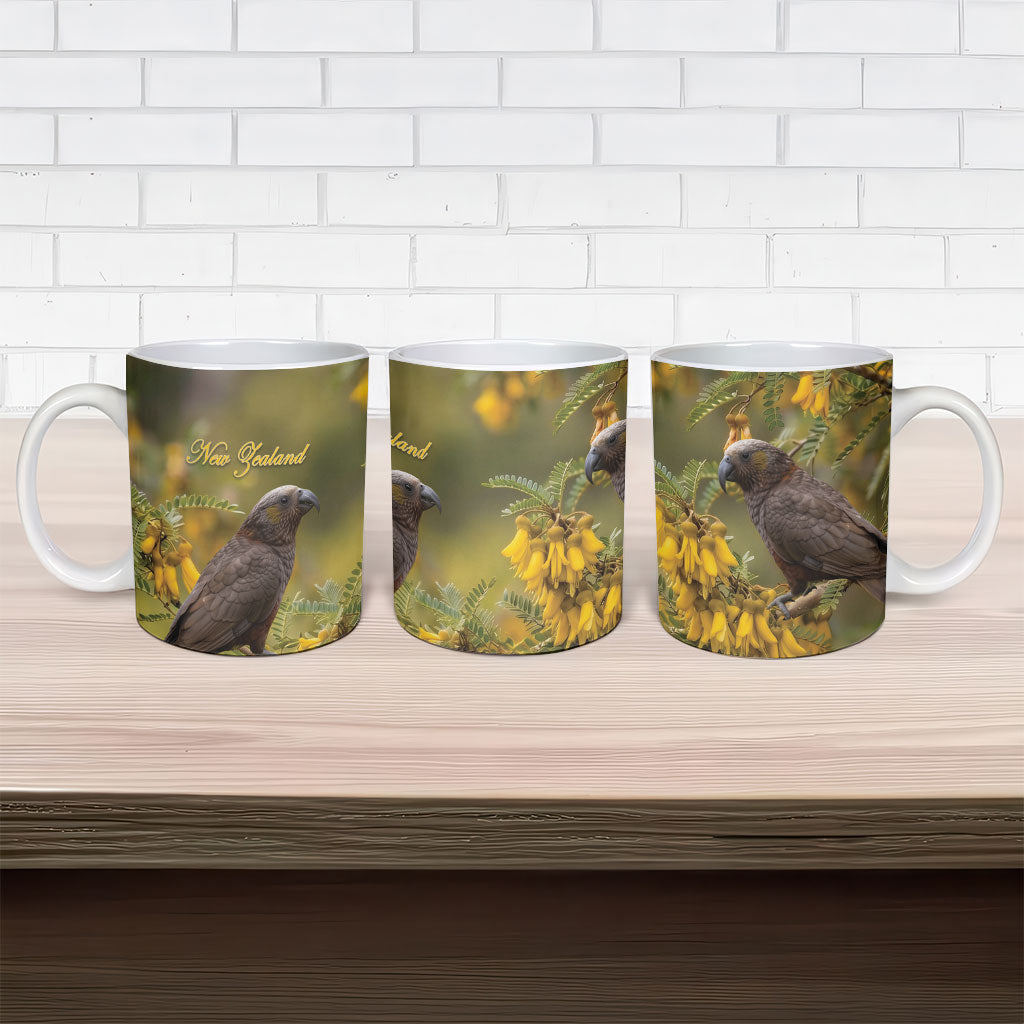 New Zealand Kaka Bird Ceramic Mug Kowhai Flower Landscape Style LT22 - Polynesian Pride