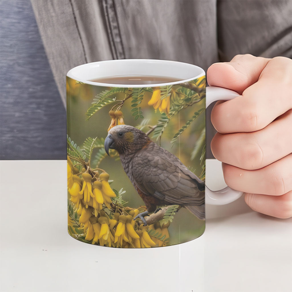 New Zealand Kaka Bird Ceramic Mug Kowhai Flower Landscape Style LT22 - Polynesian Pride