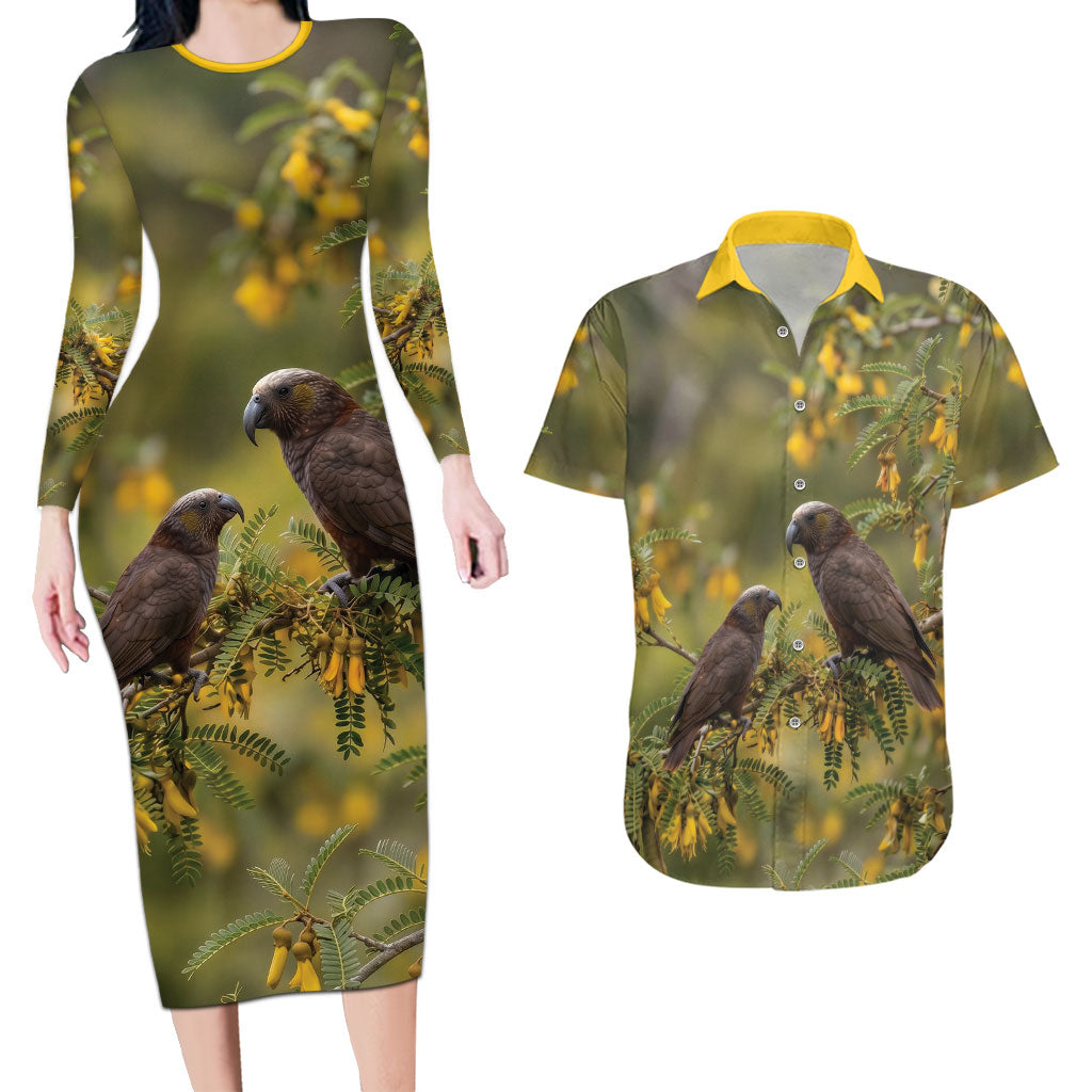 New Zealand Kaka Bird Couples Matching Long Sleeve Bodycon Dress and Hawaiian Shirt Kowhai Flower Landscape Style