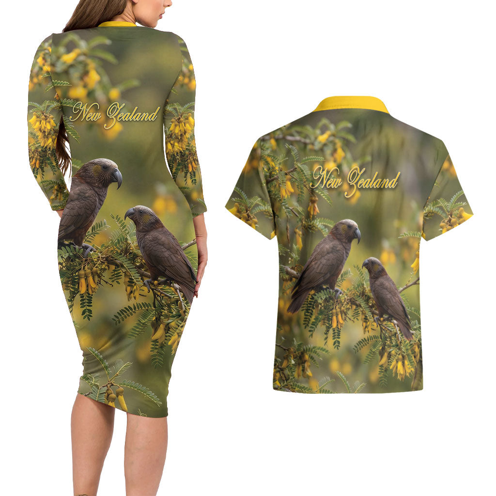 New Zealand Kaka Bird Couples Matching Long Sleeve Bodycon Dress and Hawaiian Shirt Kowhai Flower Landscape Style