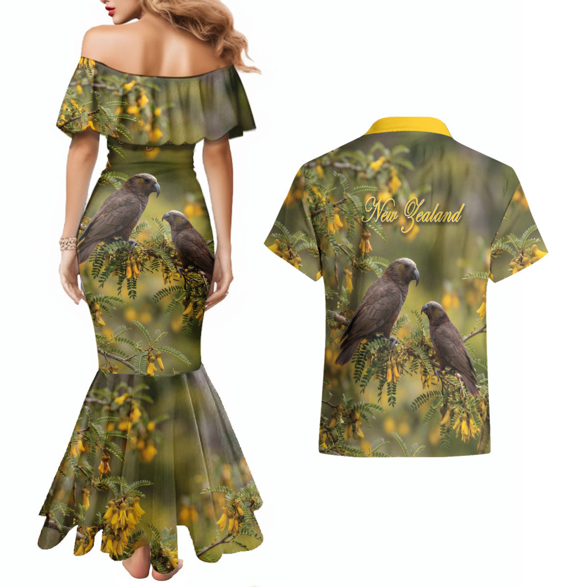 New Zealand Kaka Bird Couples Matching Mermaid Dress and Hawaiian Shirt Kowhai Flower Landscape Style