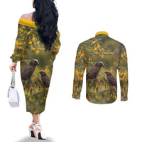 New Zealand Kaka Bird Couples Matching Off The Shoulder Long Sleeve Dress and Long Sleeve Button Shirt Kowhai Flower Landscape Style
