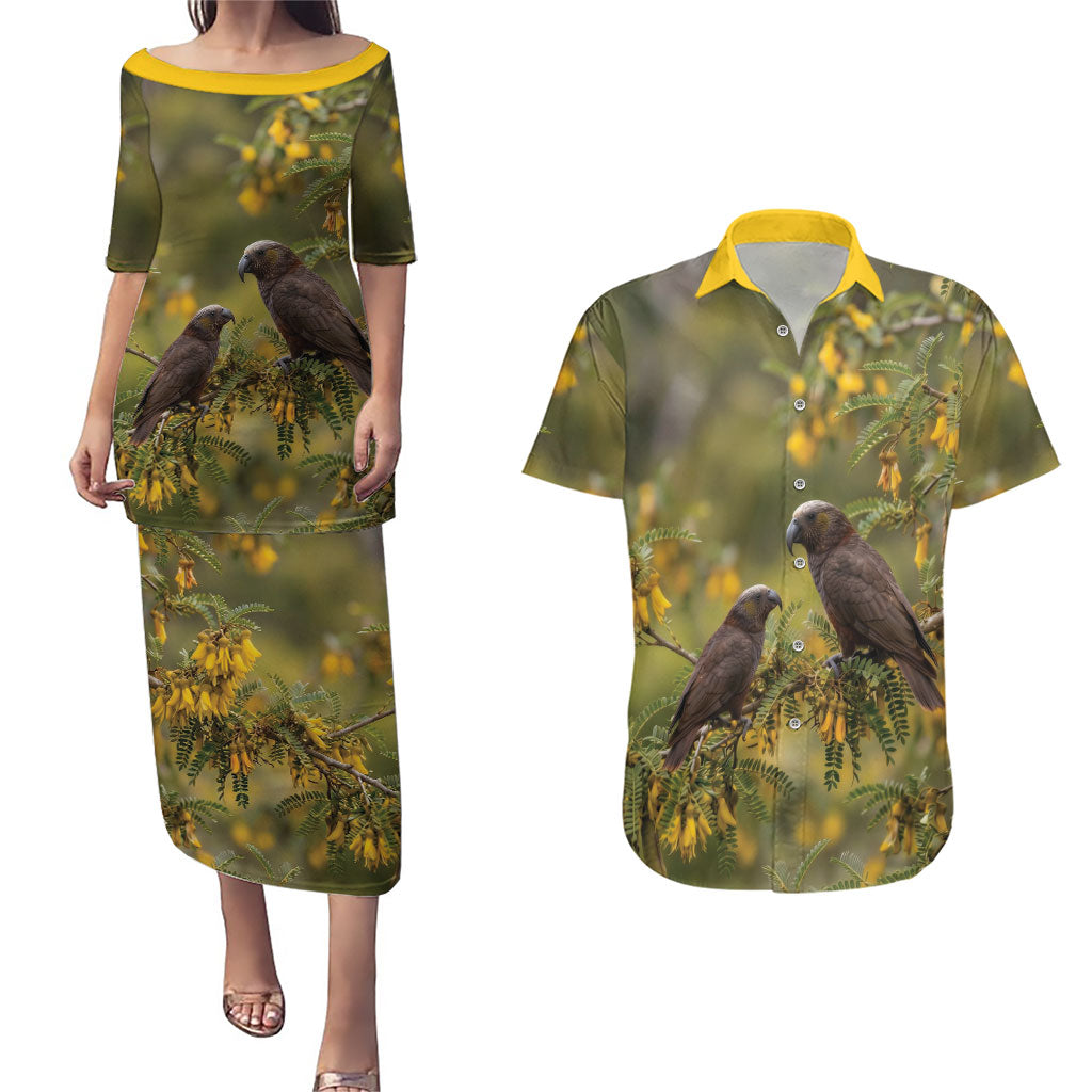 New Zealand Kaka Bird Couples Matching Puletasi and Hawaiian Shirt Kowhai Flower Landscape Style