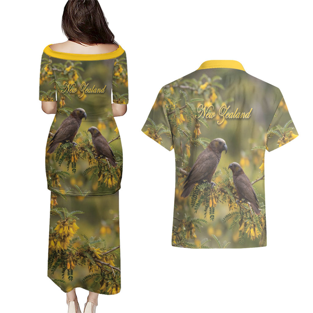 New Zealand Kaka Bird Couples Matching Puletasi and Hawaiian Shirt Kowhai Flower Landscape Style