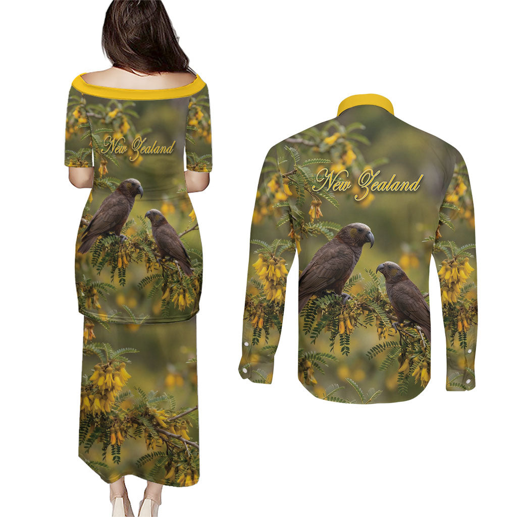 New Zealand Kaka Bird Couples Matching Puletasi and Long Sleeve Button Shirt Kowhai Flower Landscape Style