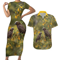 New Zealand Kaka Bird Couples Matching Short Sleeve Bodycon Dress and Hawaiian Shirt Kowhai Flower Landscape Style