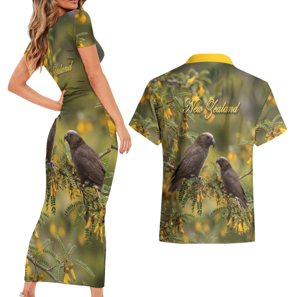 New Zealand Kaka Bird Couples Matching Short Sleeve Bodycon Dress and Hawaiian Shirt Kowhai Flower Landscape Style