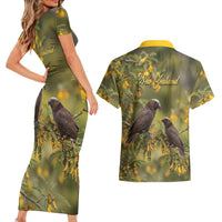 New Zealand Kaka Bird Couples Matching Short Sleeve Bodycon Dress and Hawaiian Shirt Kowhai Flower Landscape Style