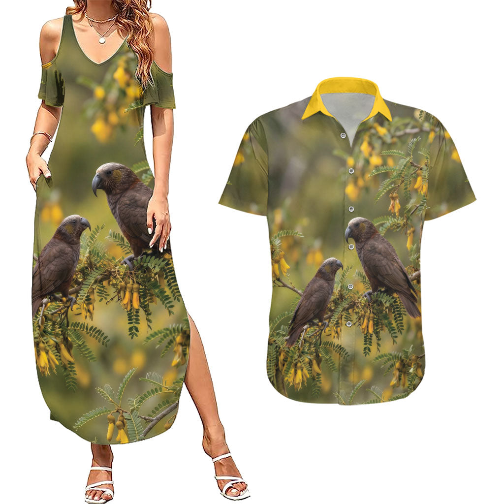 New Zealand Kaka Bird Couples Matching Summer Maxi Dress and Hawaiian Shirt Kowhai Flower Landscape Style