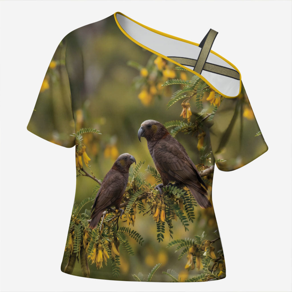 New Zealand Kaka Bird Cross Shoulder Shirt Kowhai Flower Landscape Style