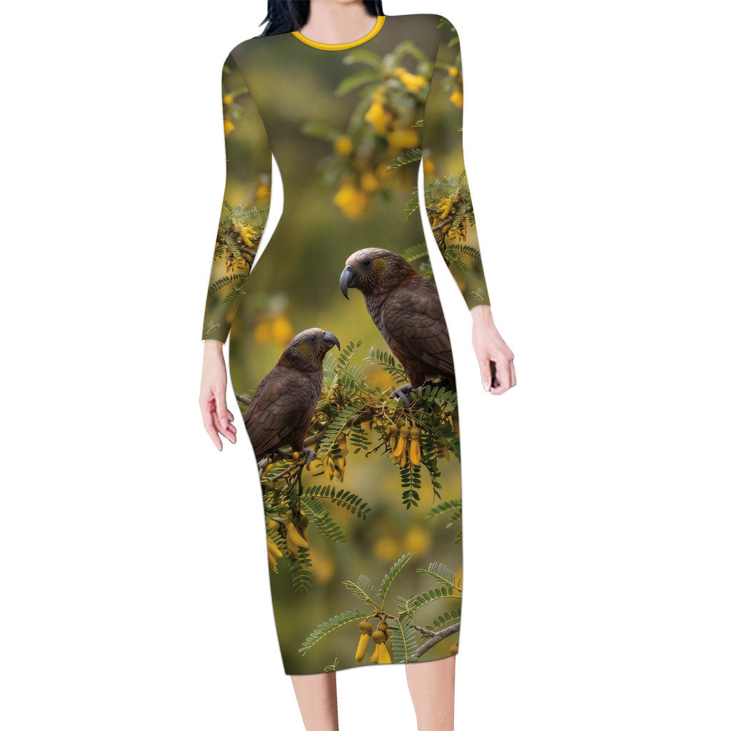 New Zealand Kaka Bird Family Matching Long Sleeve Bodycon Dress and Hawaiian Shirt Kowhai Flower Landscape Style