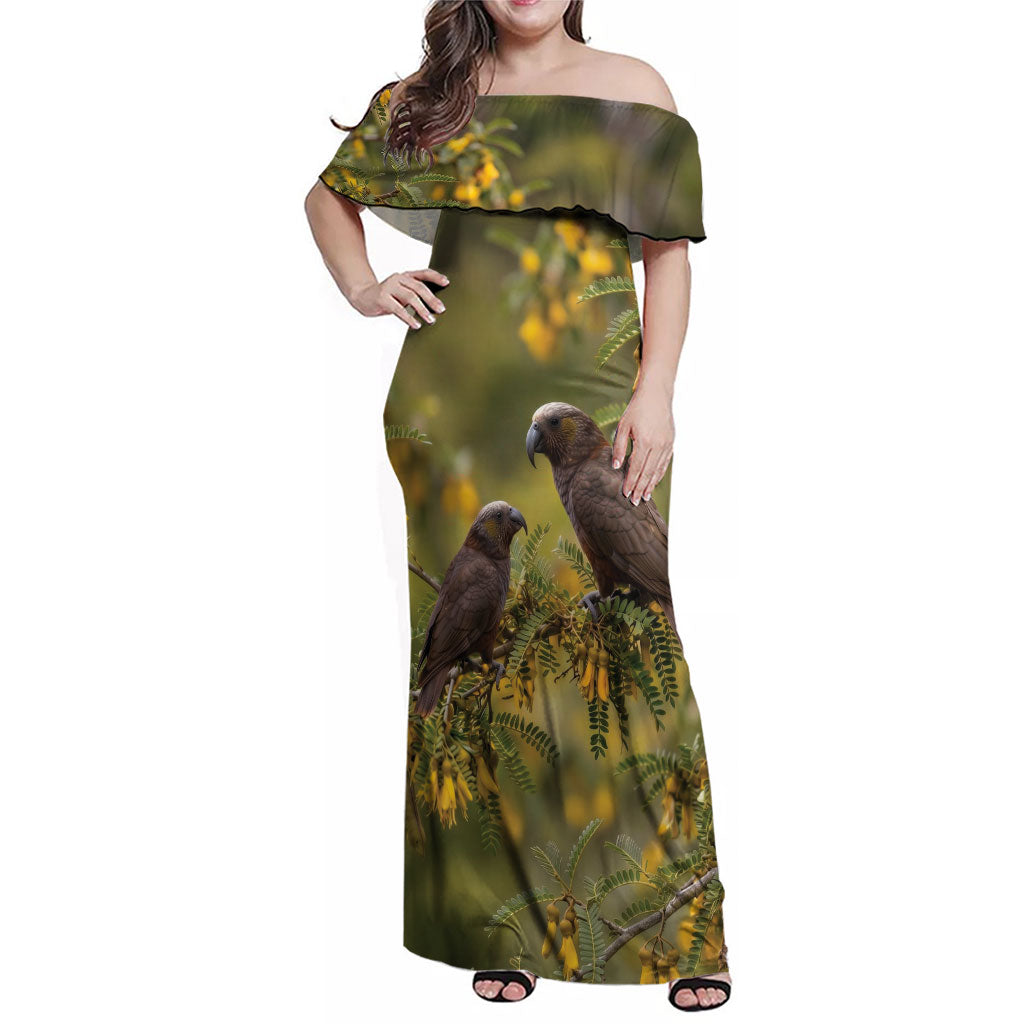 New Zealand Kaka Bird Family Matching Off Shoulder Maxi Dress and Hawaiian Shirt Kowhai Flower Landscape Style