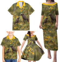 New Zealand Kaka Bird Family Matching Puletasi and Hawaiian Shirt Kowhai Flower Landscape Style