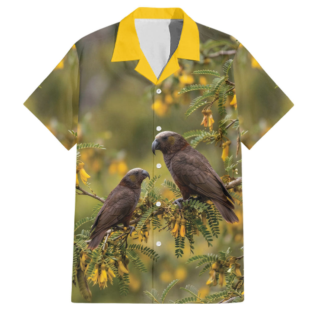 New Zealand Kaka Bird Family Matching Puletasi and Hawaiian Shirt Kowhai Flower Landscape Style