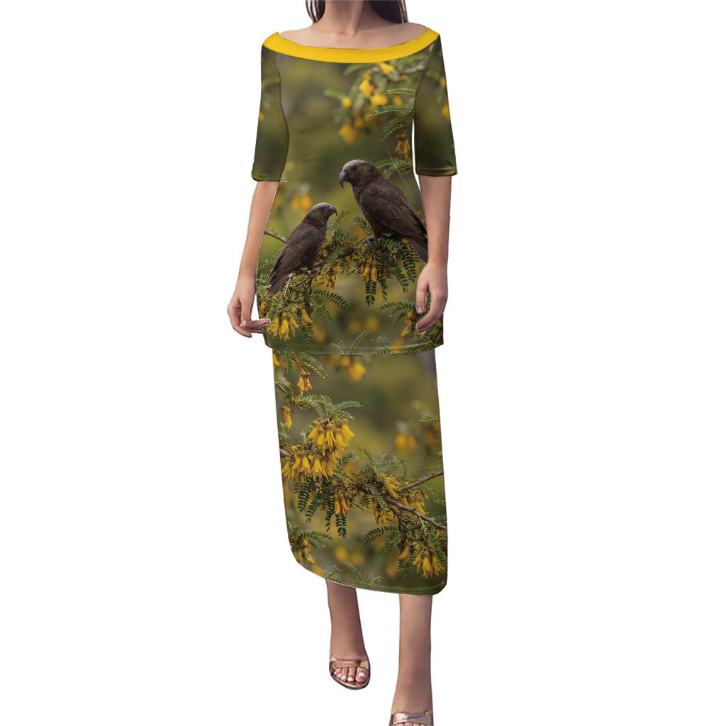 New Zealand Kaka Bird Family Matching Puletasi and Hawaiian Shirt Kowhai Flower Landscape Style