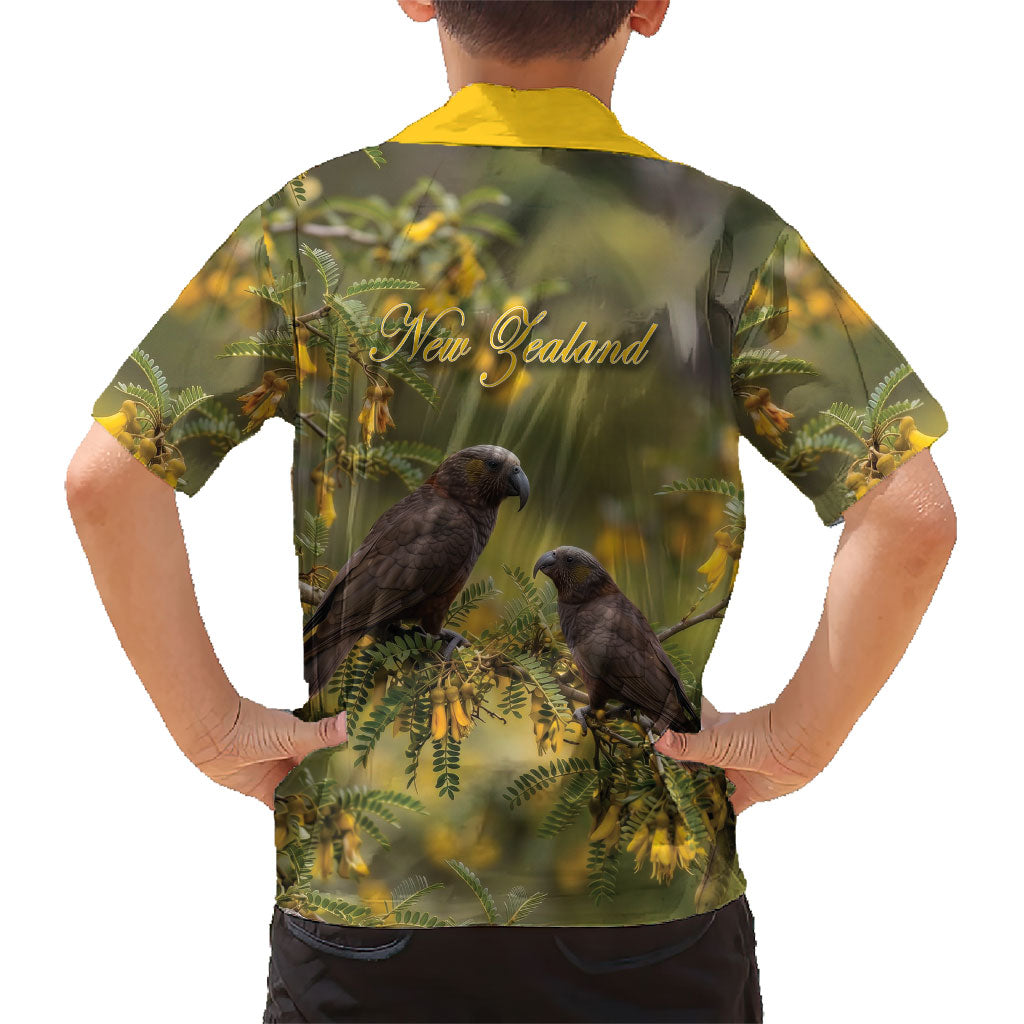 New Zealand Kaka Bird Family Matching Short Sleeve Bodycon Dress and Hawaiian Shirt Kowhai Flower Landscape Style