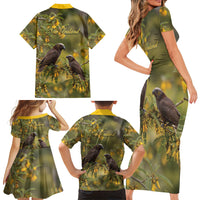 New Zealand Kaka Bird Family Matching Short Sleeve Bodycon Dress and Hawaiian Shirt Kowhai Flower Landscape Style